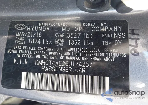 2016 Hyundai Accent Se z USA, uszkodzony, nr VIN KMHCT4AE2GU124257